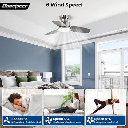 Conciseer 30 Inch Ceiling Fans with Lights and Remote, Bedroom Living Room Office, Flush Mount, 3CCT Dimmable, Dual Color 3 Blades 6 Speed Reversible Quiet DC Motor, Chrome-Plated/Wood Grain