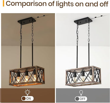 Plug in Pendant Light，3-Light Dining Room Light Fixture Over Table,Plug in Chandelier for Kitchen Sink，Farmhouse Metal Kitchen Pendant Lighting Over Island, Wood Grain Finish.