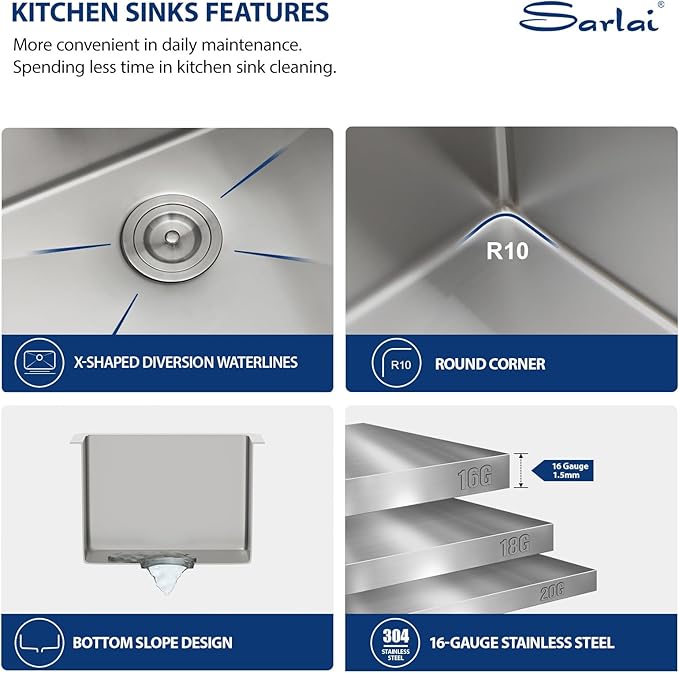 Sarlai 14 Bar Sink Undermount - 14"x18" Undermount Kitchen Sink Single Bowl 16 Gauge Stainless Steel Under Counter Bar Prep RV Camper Outdoor Small Kitchen Sink Basin