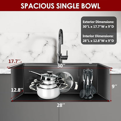 30 Inch Stainless Steel Kitchen Sink 16 Gauge Drop In Single Bowl Workstation Sink 2-Hole Top Mount Kitchen Basin with 5 Accessories (Black)