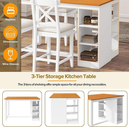 Industrial Farmhouse Dining Set 5 Piece, Counter Height Table with Storage Shelves, 60" Solid Wood Kitchen Island with 4 Comfortable Chairs, Space Saving Bar Height Dining Set for Apartment