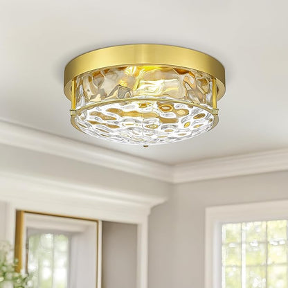 Polished Gold 12" Ceiling Fixture – Hammered Glass, Farmhouse-Inspired Flush Mount for Bedroom, Living Room, or Dining Area - CKCL4822-2W-HGPG