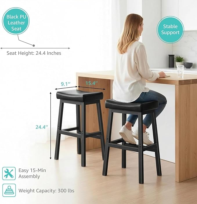 WINAZ Modern Backless Bar Stools Set of 2, 24 Inch Counter Height Stools with Footrest, Matte Finish Metal Legs, Padded Faux Leather Kitchen Island Chairs, Space Saving Stationary Design, Black