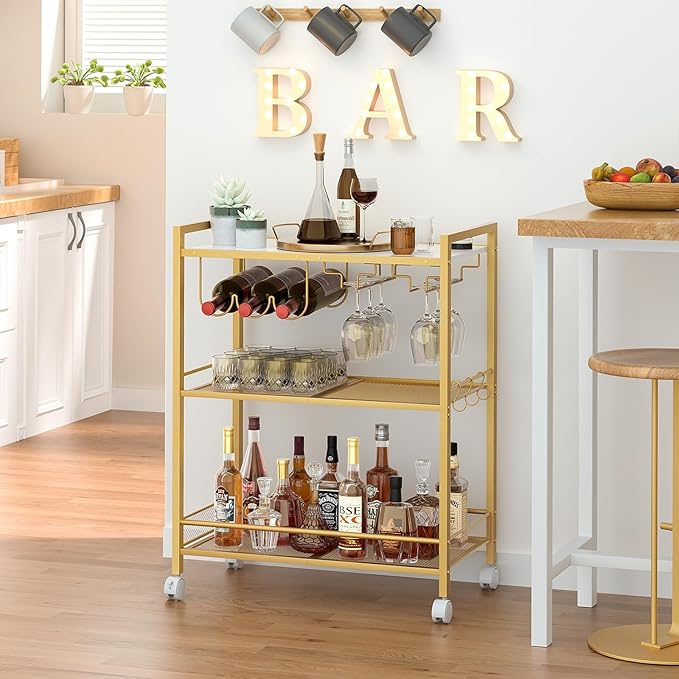 Joaxswe Bar Cart, Home Bar Serving Cart with 3-Tier Shelf,Microwave Cart with Lockable Wheels,Mobile Kitchen Shelf,Rolling Beverage Cart with Wine Rack and Glass Holder for Kitchen,Dinning Room,Gold