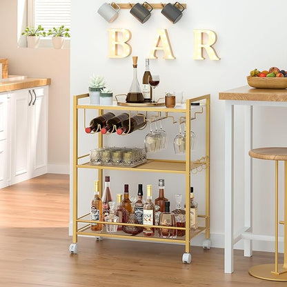Joaxswe Bar Cart, Home Bar Serving Cart with 3-Tier Shelf,Microwave Cart with Lockable Wheels,Mobile Kitchen Shelf,Rolling Beverage Cart with Wine Rack and Glass Holder for Kitchen,Dinning Room,Gold