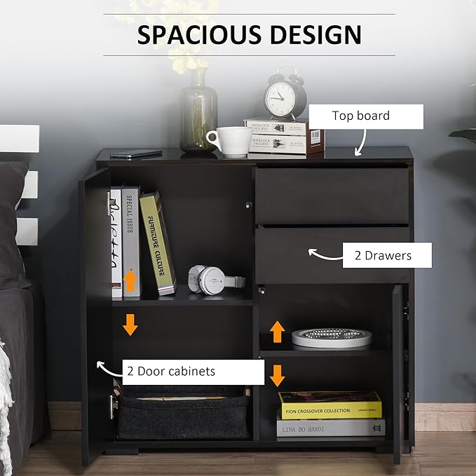 HOMCOM High Gloss Buffet Sideboard with Drawers, Door Cupboards and Adjustable Shelf, Kitchen Storage Cabinet with Push to Open Design, Black