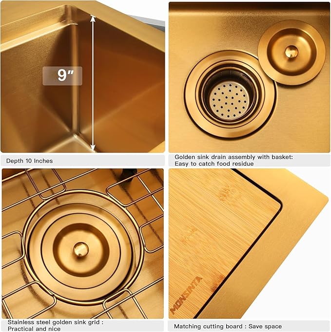 Gold Bar Sink,15 Inch Drop In Gold Kitchen Sink, 15" x 15" x 9" Small but Deep Single Bowl RV Kitchen Sinks, 16 Gauge SUS304 Stainless Steel All In One Workstation Sinks with Accessories