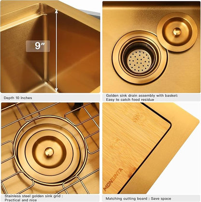 Gold Bar Sink,15 Inch Drop In Gold Kitchen Sink, 15" x 15" x 9" Small but Deep Single Bowl RV Kitchen Sinks, 16 Gauge SUS304 Stainless Steel All In One Workstation Sinks with Accessories