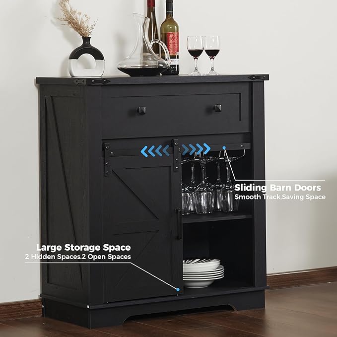 Buffet Cabinet with Storage, Farmhouse Coffee Bar Cabinet with Goblet Holder and Drawer, Sideboard with Barn Door for Kitchen, Dining Room, Living Room, Black