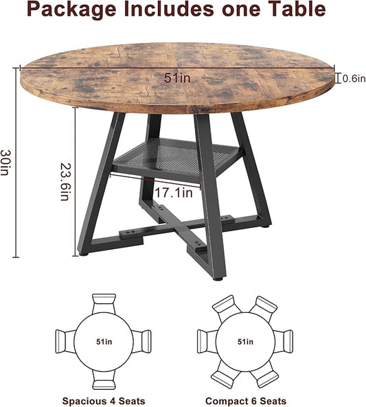 Jocoevol 51'' Round Dining Table for 6,Kitchen Dining Room Circle Dinner Pedestal Table,Space Saving Wood Kitchen & Dining Room Furniture (Vintage, 51In)