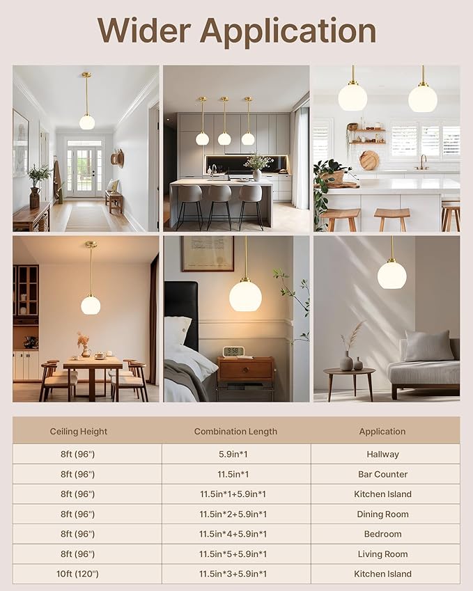 Majade Globe Pendant Lights Kitchen Island Pendant Light Fixtures 7.4 Inch Gold Mid Century Modern Globe Pendant Lighting with Milk Glass Adjustable Hanging Light Fixtures for Dining Room(2 Pack)