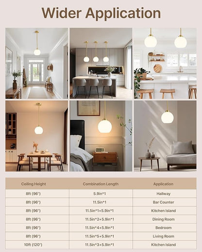 Majade Globe Pendant Lights Kitchen Island Pendant Light Fixtures 7.4 Inch Gold Mid Century Modern Globe Pendant Lighting with Milk Glass Adjustable Hanging Light Fixtures for Dining Room(2 Pack)