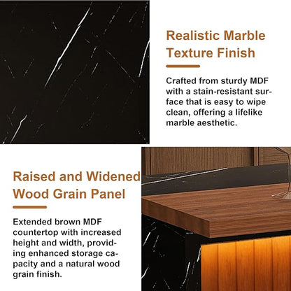 63" Modern Kitchen Island with Marble-Look Surface with 2/4 Bar Stools, Island Table with LED Lights, for Kitchen,Dining Room, Bar, Office, Living Room (Black+4Beige)