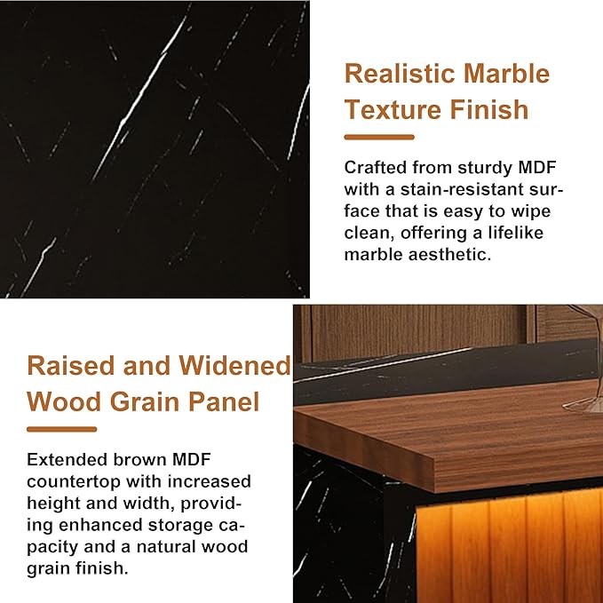63 Inches Modern Kitchen Island Set with 4 Beige Bar Stools, Black Marble Look Top, Led Lighting Grill Design, Large Dining Table for Open Concept Spaces, Walnut Black Finish (Walnut + Black) (4