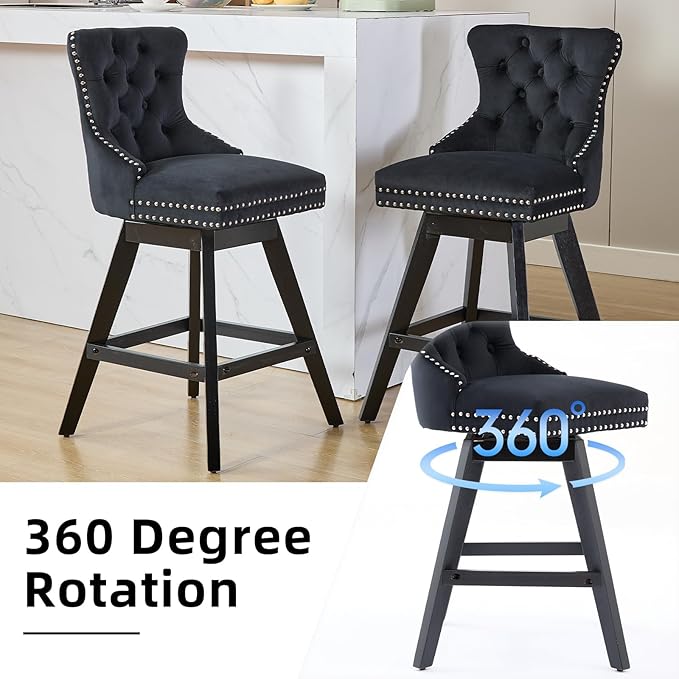 DONICK Velvet Swivel Counter Height Bar Stools,Modern Upholstered Bar Chairs Nailhead Backrest Pull Ring Solid Wood for Bar,Kitchen Island,Pub,Dining Room,Cafe(Black,Set of 2)