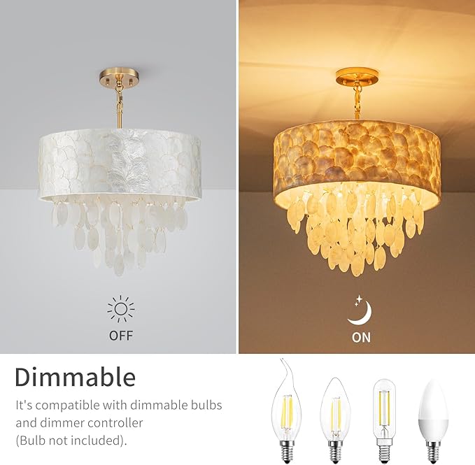 LumFurn 4-Light Drum Capiz Shell Chandeliers, Coastal Style Pendant Light Fixture for Dining Room, Living Room, D18 x 21~68"(Adjustable Height), Shell Lampshade & Gold Finish