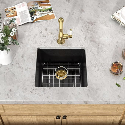 17x17 Black Undermount Bar Sink - Granite Composite Classic Quartz Single Bowl Wet Prep Sink Basin for RV, Kitchen Bar, Boat, and Outdoor #TLGU-132