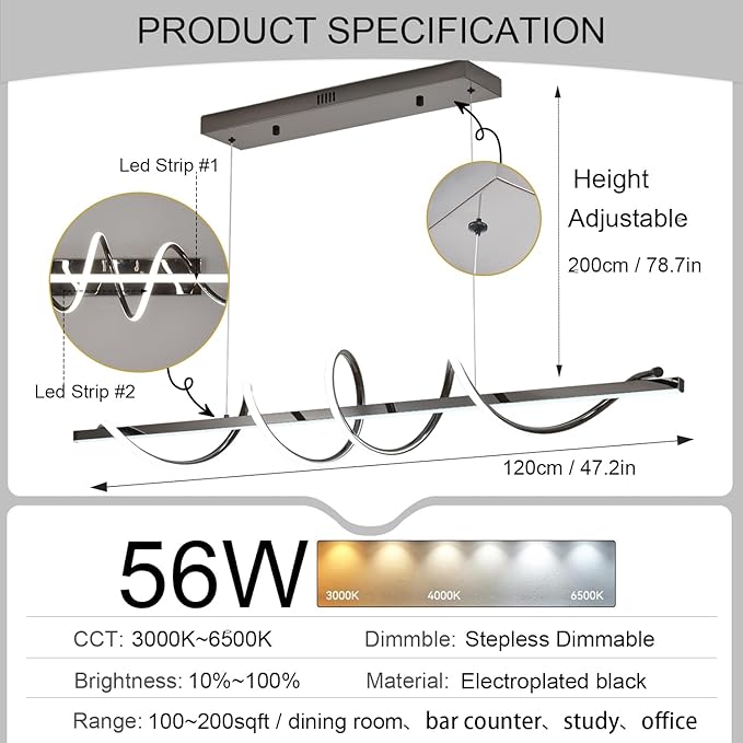 47.24" Modern Led Pendant Light for Kitchen Island Lighting,Electroplated Black Modern Chandelier for Dining Room over Table Dimmable Led Ceiling Pendant Lights Creative Snake-Shaped Twist Design