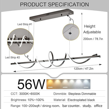 47.24" Modern Led Pendant Light for Kitchen Island Lighting,Electroplated Black Modern Chandelier for Dining Room over Table Dimmable Led Ceiling Pendant Lights Creative Snake-Shaped Twist Design