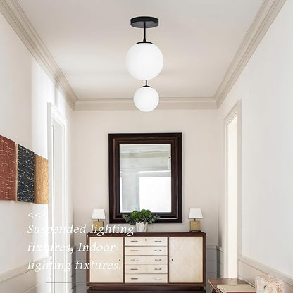 Bagood 8" Black Semi Flush Mount Ceiling Light Fixture Milk Glass Globe Ceiling Light Fixtures Hallway Light Fixtures Mid Century Ceiling Lights Matte Black Finish for Entryway Foyer (Bulb Incl.)