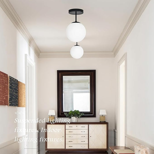 Bagood 8" Black Semi Flush Mount Ceiling Light Fixture Milk Glass Globe Ceiling Light Fixtures Hallway Light Fixtures Mid Century Ceiling Lights Matte Black Finish for Entryway Foyer (Bulb Incl.)