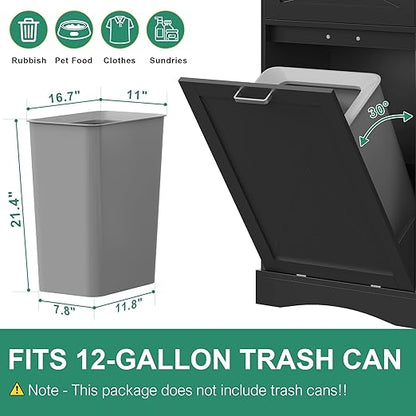 kepptory Tilt Out Trash Can Cabinet for 12 Gallon Trash Can, Modern Kitchen Island Cabinet with Adjustable Shelf and 2 Drawers for Hidden Laundry Basket, Dog Proof Garbage Can, Black