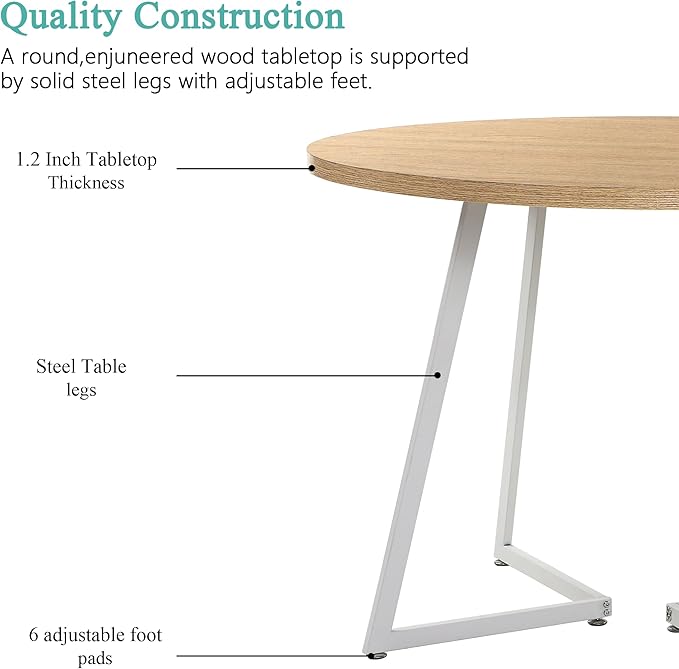 VECELO Round Dining Table Set for 4, Wood Tabletop & Heavy-Duty Steel Frame, 8-Piece Dinette with Chairs for Kitchen, Breakfast Nook, Natural & White