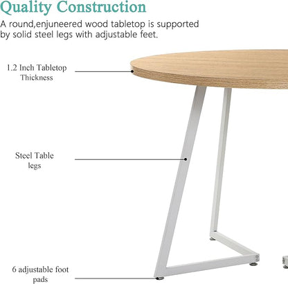 VECELO Round Dining Table Set for 4, Wood Tabletop & Heavy-Duty Steel Frame, 8-Piece Dinette with Chairs for Kitchen, Breakfast Nook, Natural & White