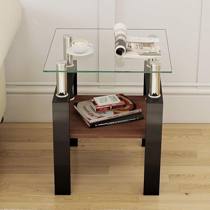 Set of 2 Glass End Table, 2-Layer Glass Living Room Table, Modern Tea Table Side Tables for Home Office Furniture