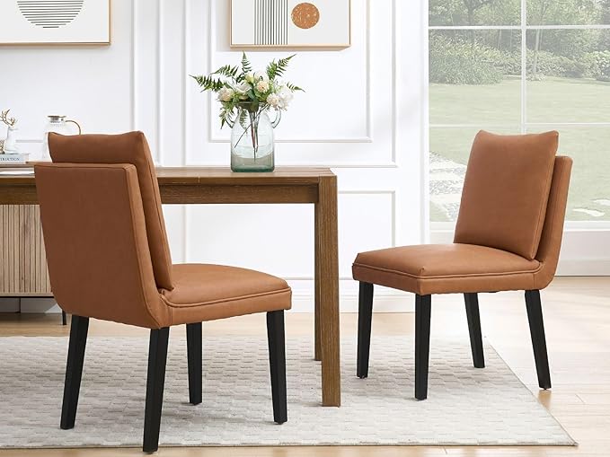 Farmhouse Parsons Dining Chairs Set of 2 - Comfy Upholstered Dining Set with Leather Cushion & Solid Wood Legs, Armless Kitchen Chairs for Dining Room/Restaurant/Kitchen Island, PU Brown