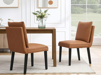 Farmhouse Parsons Dining Chairs Set of 2 - Comfy Upholstered Dining Set with Leather Cushion & Solid Wood Legs, Armless Kitchen Chairs for Dining Room/Restaurant/Kitchen Island, PU Brown