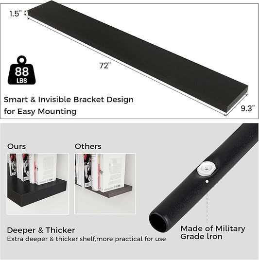 Venusmiles Floating Shelves for Wall, Engineered Wood Wall Shelves with Invisible Brackets for Living Room Bedroom Bathroom Office Kitchen Decor and Storage (Black, 72" W x 9" D x 1.5" H) Set of 1