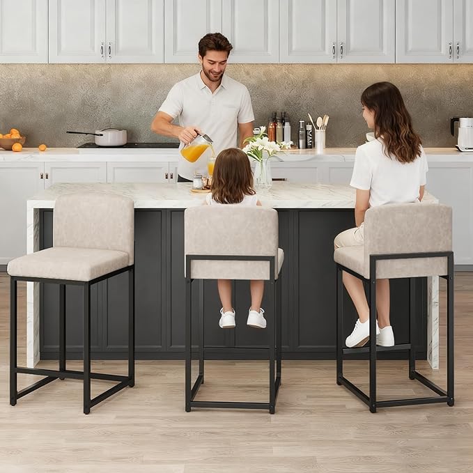 GarveeHome Bar Stools Set of 6, Modern Counter Height Bar Stools with Back and Footrest, Faux Leather Upholstered Barstools Chairs for Kitchen Island Dining Room Bar, Beige