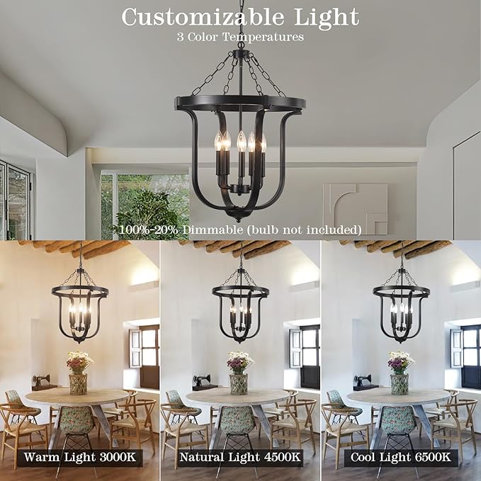 Black Farmhouse Chandelier 5-Light, 19” Industrial Lantern Chandelier Entryway Light Fixture, Metal Cage Rustic Hanging Pendant Lighting Fixture for Foyer Kitchen Dining Room Living room Hallway