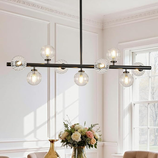 Mid Century Modern Glass Globe Sputnik Chandelier, 9-Light Linear Chandeliers for Dining Room, Kitchen Island, Living, Dining Room Light Fixture Over Table, Black and Clear Bubble, 40 Inch