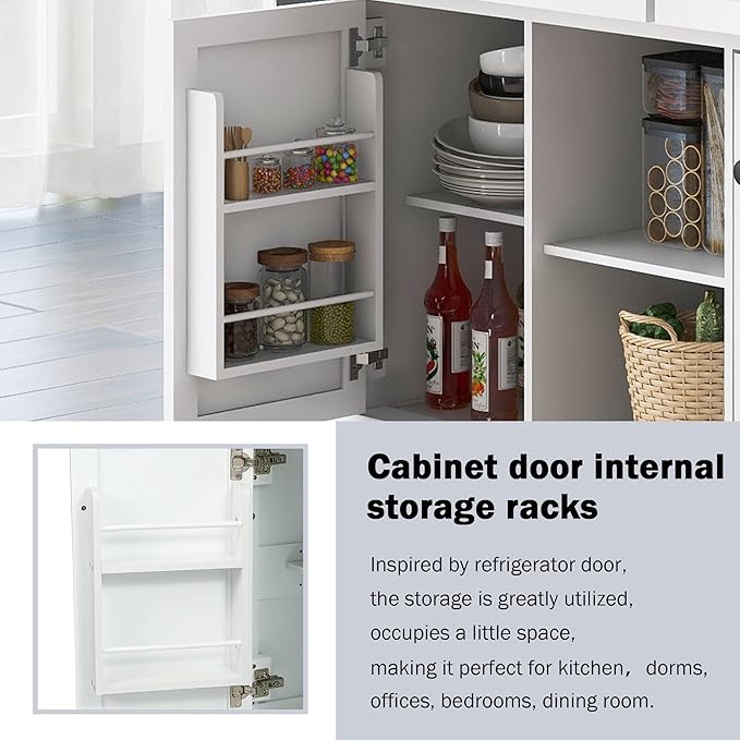 Ball & Cast Kitchen Cart with Rubber Wood Drop-Leaf Countertop,Cabinet Door Internal Storage Racks,Kitchen Island on 5 Wheels W/Storage Cabinet and 3 Drawers for Dinning Room,White,53"