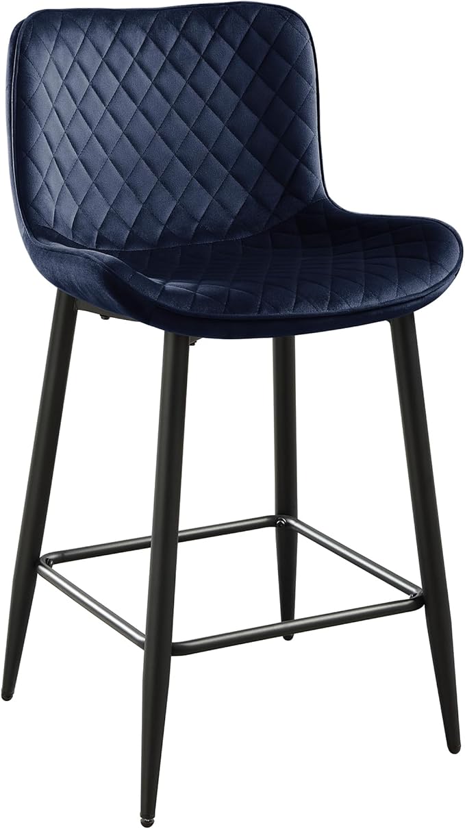 Lexicon Counter Stools Set of 2 - Counter Height Stools for Kitchen Table, Solid Padded Back, Black Metal Finish and Blue Velvet Cushion Seat, 24''SH
