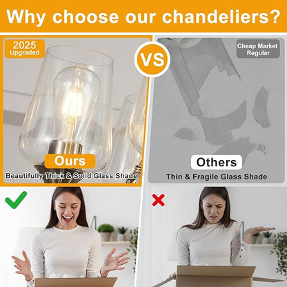 25" Farmhouse Chandelier, 6-Light Brushed Nickel Chandeliers for Dining Room Light Fixtures Over Table, Modern Industrial Hanging Lighting with Clear Glass Shade for Living Room, Kitchen Island, Foyer