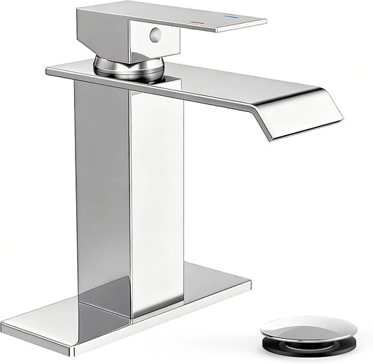 FORIOUS Bathroom Sink Faucets Chrome, Modern Waterfall Vanity Faucet 1 or 3 Hole Single Handle with Deck Plate and Drain, Suitable for Vanity Rv Camper Commerical