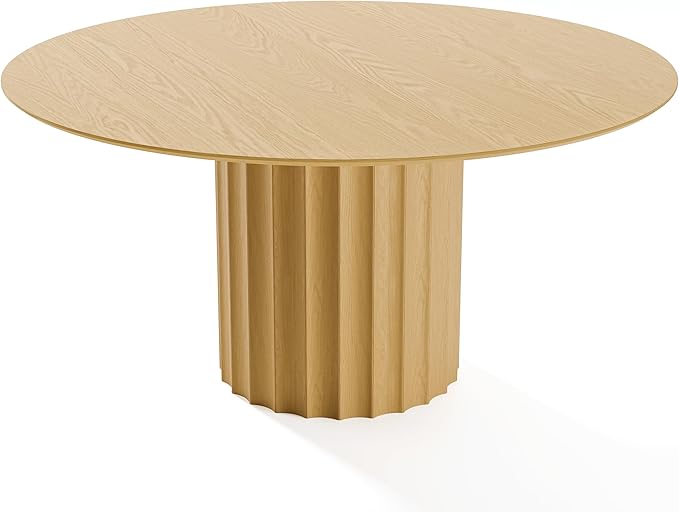 Casaphoria 60" Round Dining Table, Modern Wood Kitchen Table with Cylindrical Wide Bar Concave Base for Living Room & Dining Room, Easy Assembly Farmhouse Furniture for 4-6, Oak