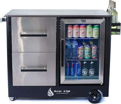Mont Alpi Stainless Steel 48"W x 22.5"D x 36"H Large Outdoor Kitchen Island Rolling Bar Cart Prep Table Grill Station with Ceramic Top & Beverage Refrigerator + Storage Drawers + Portable Ice Cooler