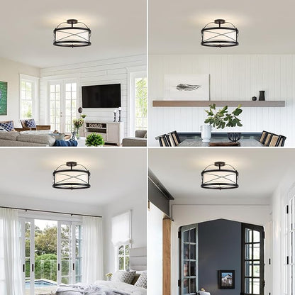 Modern Flush Mount Ceiling Light, 3-Light Black Metal White Fabric Shade Close to Ceiling Light Fixture for Kitchen Dining Room Bedroom Living Room Foyer E26 Base (Not Included Bulb)