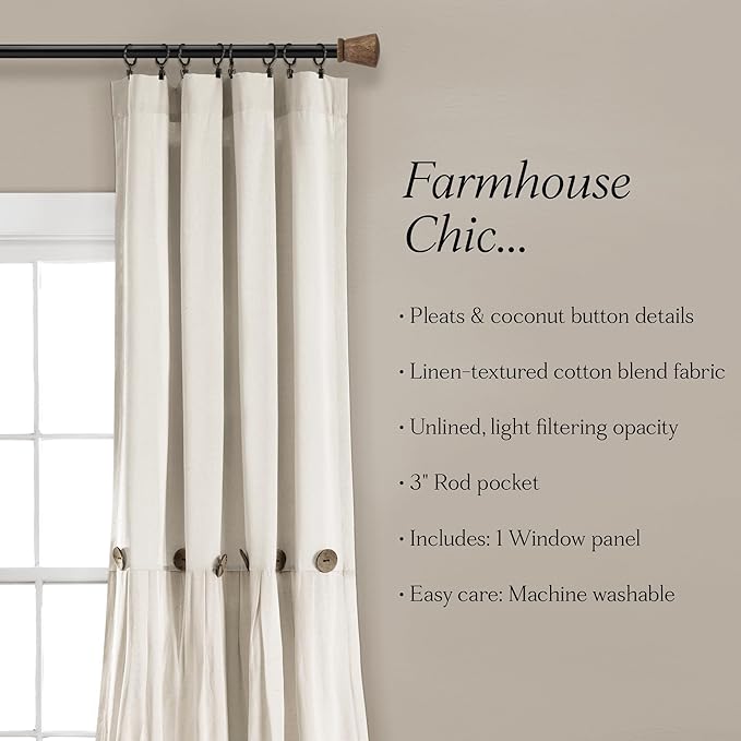 Lush Decor Linen Button Window Curtain Panel, Single, 40" W x 108" L, Off White- Country Curtains - Color Block Modern Farmhouse Curtains For Living Room, Bedroom & Dining Room