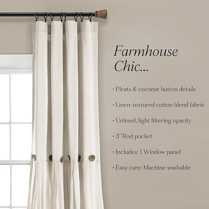 Lush Decor Linen Button Window Curtain Panel, Single, 40" W x 108" L, Off White- Country Curtains - Color Block Modern Farmhouse Curtains For Living Room, Bedroom & Dining Room