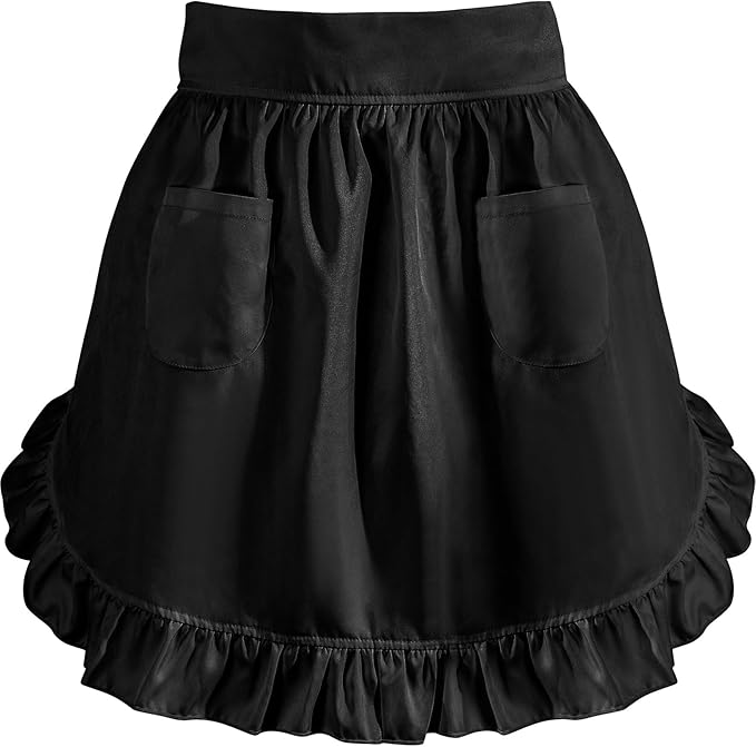 Geyoga Aprons for Women with Pockets Kitchen Cooking Waitress Maid Apron Vintage Skirt Cute Ruffle Dress Costume(Black,Waist Style)