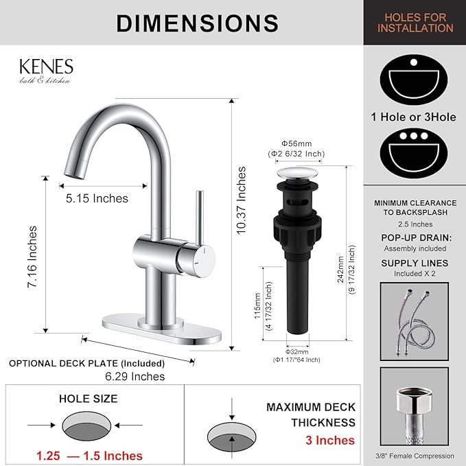 KENES Polished Chrome Bathroom Faucets Single Handle Modern Prep Wet Bar Sink Faucets Bathroom Sink Faucet with Drain Assembly & Deck Plate, Farmhouse RV Camper Outdoor Utility Faucet, KE-9005B-5