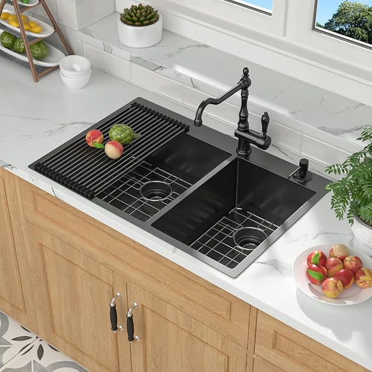 Mocoloo 33 Black Drop In Kitchen Sink 33x22 Inch Gunmetal Black Stainless Sink Double Bowl 60/40 Topmount 16 Gauge Kitchen Sink Handmade Basin