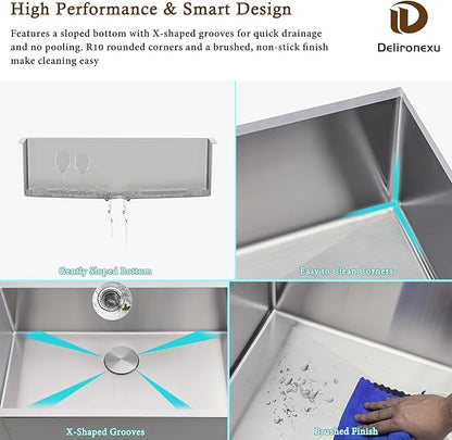 32 Inch Undermount Kitchen Sink - Delironexu 16 Gauge Stainless Steel Kitchen sink Single Bowl, 32''x18'' Undermount Sink with Brushed Finish, Includes 4 Accessories