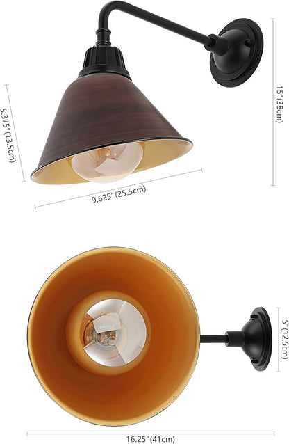 JONATHAN Y 9.63" 1-Light Wood Finish/Copper Farmhouse Outdoor Sconce, Industrial LED Wall Light, Gooseneck Arm Barn Lamp with Metal Bell Shade for Porch, Patio, Kitchen, LED Bulb Included (JYL7612G)