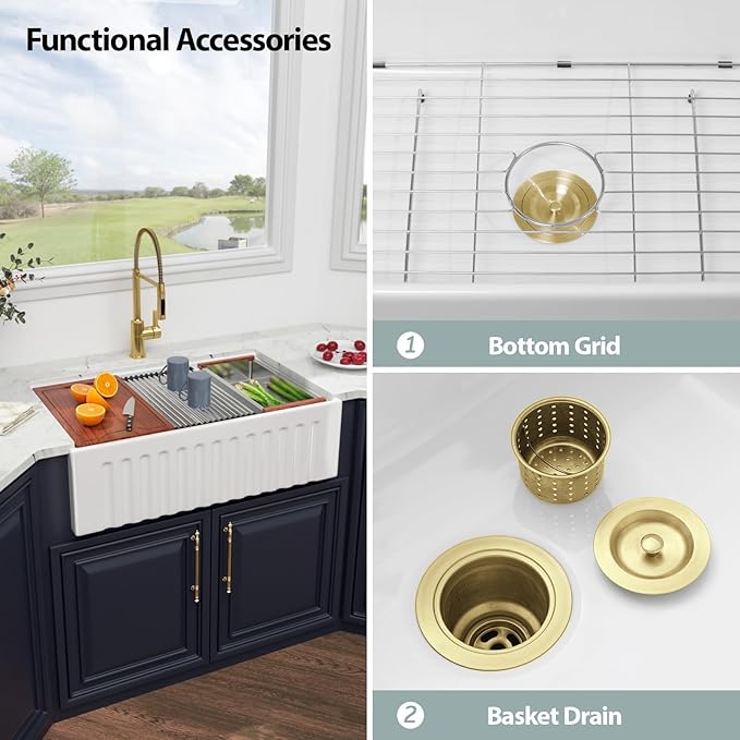 Kichae 33 White Farmhouse Kitchen Sink - 33X20 Inch Ledge Workstation Reversible Fluted Apron Front Ceramic Porcelain Farm Sinks Single Bowl with Gold Drain